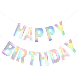 Iridescent Happy Birthday Banner Iridescent White Hanging Bunting Garland Party Decorations Disco Happy Birthday Sign Holographic Disco Birthday Party Decorations, 10 Feet