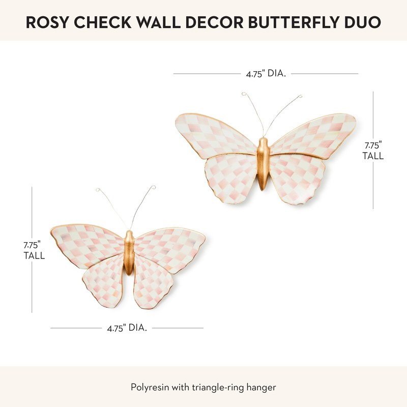 MACKENZIE-CHILDS Butterfly Duo, Hanging Butterfly Wall Decor, Pink-and-White Rosy Check,