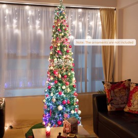 HAPPYGRILL 8 FT Fiber Optic Artificial Christmas Tree, Prelit Pencil Christmas Tree with 889 Branch Tips, Foldable Metal Stand, Fake Xmas Tree for Home Office Holiday Party Decoration