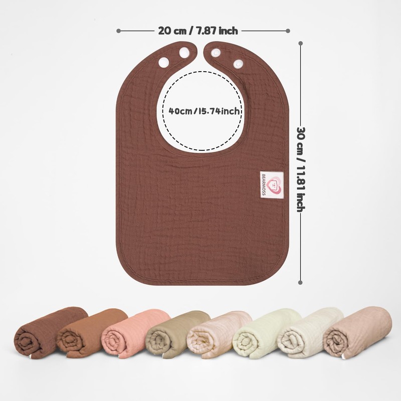 Bearmoss Muslin Baby Drooling Bibs 8 Pack, 100% Cotton Square