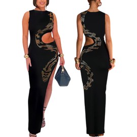 Zoctuo Women's Sexy Elegant Rhinestone Hollow Out Split Evening Gowns Maxi Dress Party Club Night Outfit(LK3217,Black,XL)