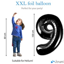 Jonami Luftballon 9. Geburtstag Zahl 9 Schwarz XXL Riesen Folienballon 100cm Geburtstagsdeko Ballon Zahl Deko zum Geburtstag. Fliegt mit Helium.