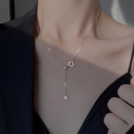Wendalern Boho Star Lariat Y Necklace Silver Star Tassel Pendant Necklace Love Heart Slip Chain Necklace Vintage Outline Pentagram Choker Necklace Y2k Jewelry for Women