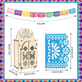 AUGSUN 10 Pcs Dia De Los Muertos Ofrenda,Day of The Dead Wooden Shadow Box and Banner kit,Altar Ofrenda Supplies with Butterfly Skull Papel Picado Remembrance Decorations