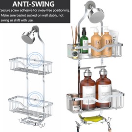 Kadolina Hanging Shower Caddy, Over Head Shower Caddy Shower Organizer Rack Basket with Soap Dish, Hooks for Razor and Sponge (Bright Silver)