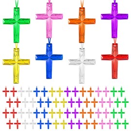 120 Pieces Crystal Cross Necklace Plastic Cross Necklace Church Welcome Necklace Christian Religious Party Supplies for Sunday School Vacation Bible School Religious Easter, 8 Colors