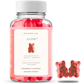 Glow+ Collagen Gummies - 1000mg Hydrolyzed Marine Collagen with Biotin, Hydrolyzed Keratin, Hyaluronic Acid & Vitamins for Skin, Hair, Nails & Joints - 60 Strawberry - Flavored Gummies
