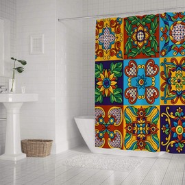 ZHONGJI Waterproof Fadeless Shower Curtain ﻿Mexican Talavera Ethnic Folk Modern Family Bathroom Bathtub Decoration Hook Machine Washable Hotel 72x72 Inch