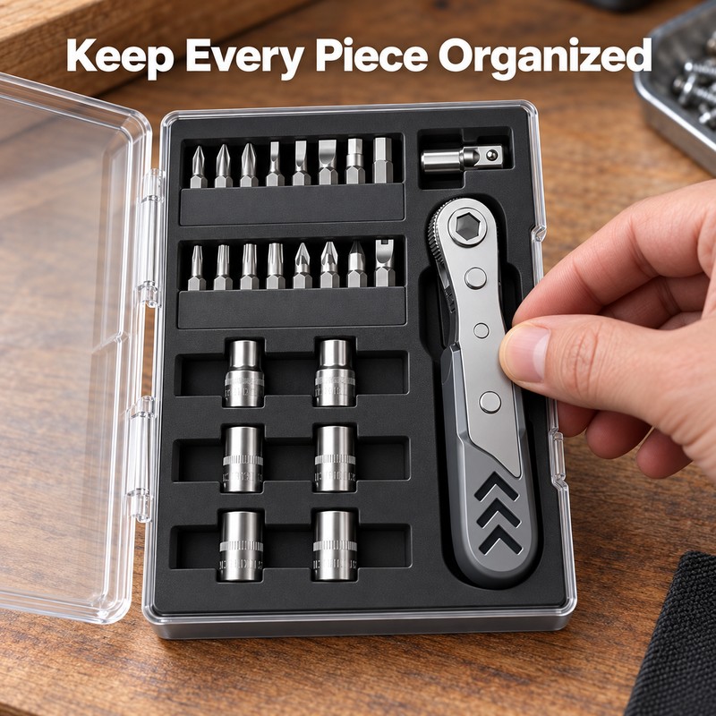 23-in-1 Right Angle Ratcheting Screwdriver Set – 36-Tooth Mini Ratchet