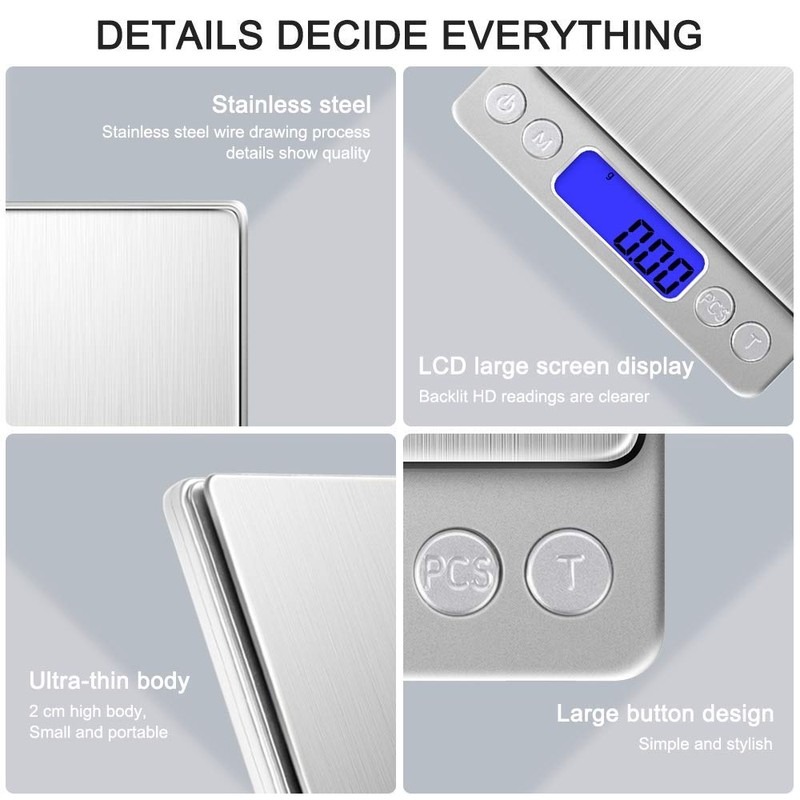 Digital Kitchen Scale Stainless Steel High Precision 500g/0.01g LCD Display