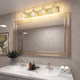 Tipace Brass Vintage Crystal Bathroom Vanity Light Fixtures Over Mirror Crystal Glass 4 Lights Vintage Vanity Lights Modern Bath Lighting(Exclude Bulb)