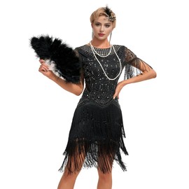 YACHARM 1920s Flapper Long Fringed Sleeve Cocktail Gatsby Roaring 20s Sequins Beaded Costume Dress w/ 20s Accessories set