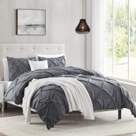 Nestl Black Duvet Cover Queen Size - Pintuck Queen Duvet Cover Set, 3 Piece Double Brushed Duvet Covers with Button Closure, 1 Pinch Pleated Duvet Cover 90x90 inches and 2 Pillow Shams