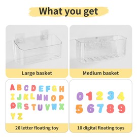 Ekaipo Bath Toy Storage, Bathtub Organizer with Foam ABC Letters, Large Capacity Bath Toy Holder Shower Caddy for Bathroom, Quick-Dry Drainable(2 Pack, Transparent)