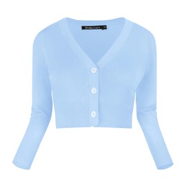 Urban CoCo Women's Cropped Cardigan V-Neck Button Down Knitted Sweater 3/4 Sleeve (Light Blue, M)
