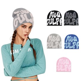 YSNeoBrim Y2K Beanies for Women Man,MEA Culpa Beanie Unique Pattern Design, Y2K Knitted Hat Suitable for All Seasons Wearing (US, Alpha, One Size, Grey Grey)