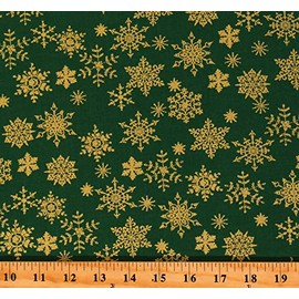 Cotton Holly Jolly Christmas Winter Metallic Gold Snowflakes on Green Cotton Fabric Print by The Yard (D402.61)