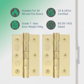 EAI Brass Door Hinges | 3 Inch / 76mm Polished Brass Internal Fire Door Hinges | 4 Pairs