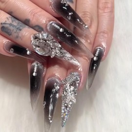 SXTSZJ Long Stiletto Almond Acrylic Press-On False Nails, 24Pcs/Box, Multicolor Gliitter Rhinestone, Glossy, Full Cover Well Tips, Kit