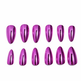 MERVF Purple Press on Nails Medium Almond Fake Nails Metal Stiletto Glue on Nails Press ons Artificial Mirror Solid Colorful Acrylic Nails Glossy False Nails 24pcs