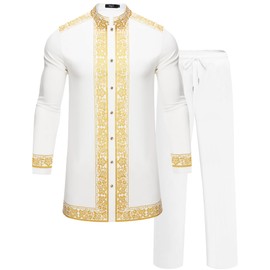 ZSJR Mens African 2 Piece Set Nigerian Dashiki Metallic Traditional Suit Gold Stamp Printed Shirt and Pants Outfit