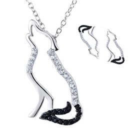 MixiuEuro Women's Wolf Necklace Earrings Set 925 Sterling Silver Black Tail Cubic Zirconia Birthday Gift Sterling Silver Cubic Zirconia Diamond, Sterling Silver, Cubic Zirconia