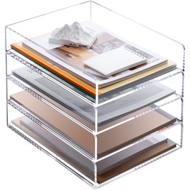 SANRUI 4-Tier Acrylic Stackable Desk Organizer Trays – Clear Vertical Paper Tray for A4/Letter Files, Folders & Office Supplies – Modular Desktop Storage Shelf, Workspace & Home Organization