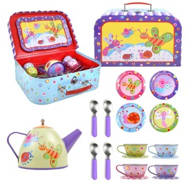 SOKA Little Bugs Metal Tin Teapot Set with Carry Case Toy for Kids - 18 Pcs Illustrated Colourful Design Toy Tea Party Set for Boys and Girls Pretend Role Play
