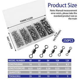 Erioscar 250Pcs Rolling Fishing Swivels Clips 5 Sizes 4# 6# 8# 10# 12# Fishing Line Connector Hook Quick Change for Carp Fishing Sea&Competitive&Lure Fishing Avoid Fishing Line Entanglement