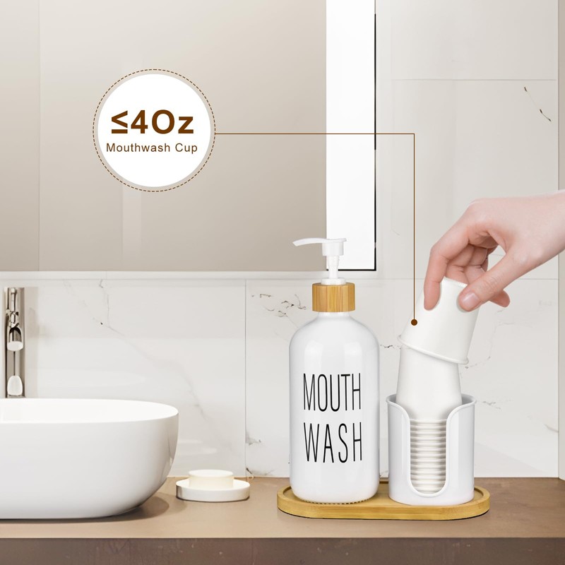Glass Mouthwash Dispenser with Cup Holder - 16 oz Pump