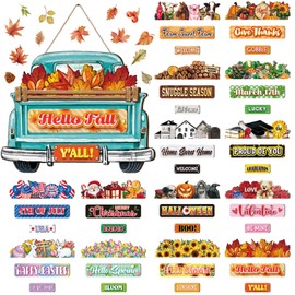 Suzile 43 Pcs Interchangeable Seasonal Welcome Sign for Front Door Wood Truck Decor with 42 Holiday Signs Seasonal Wreaths Wall Hanging Outdoor Holiday Door Sign Wall Pediments for Home Office(Green)