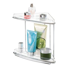 mDesign Metal 2-Tier Corner Storage Organizing Caddy Stand for Bathroom Vanity Countertops, Shelving or Under Sink - Free Standing, 2 Shelves - Clear/Chrome
