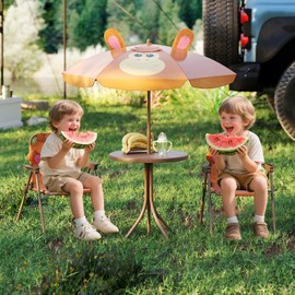 CHEFJOY Kids Picnic Table, Kids Outdoor Table with 2 Folding Chairs, Removable & Height Adjustable Umbrella, Cute Animal Theme Children Outdoor Furniture for Patio, Garden, Backyard (Brown Monkey)