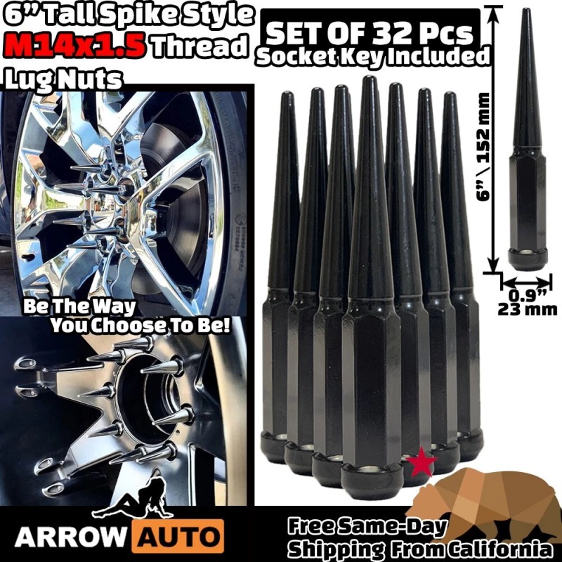 ARROW 32x 6" Extra Tall Black M14x1.5 Spike Lug Nuts