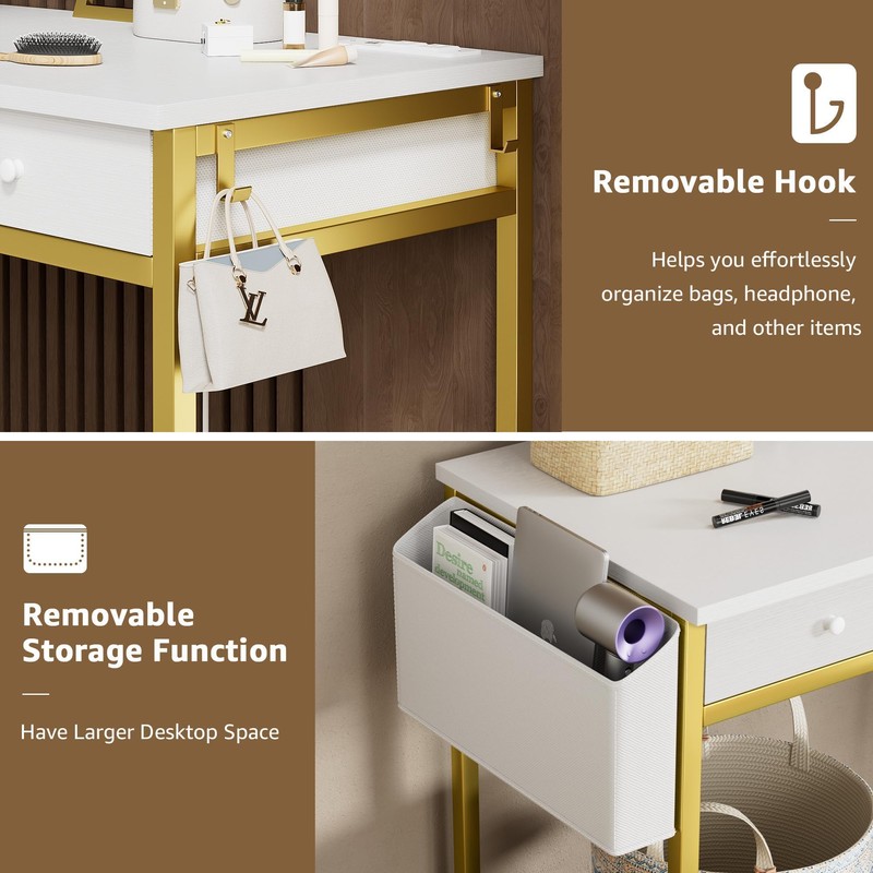 KAI-ROAD White and Gold Makeup Vanity Desk with Mirror and