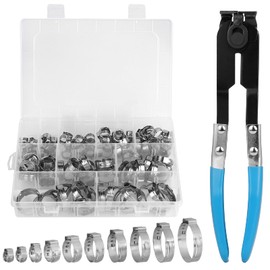 DBREAKS 115 Pieces Stainless Steel Single Ear Continuous Hose Clamps Set 304, 10 Sizes Hose Clamp 5.8-28.6 mm, Clamp Set with Hose Clamp Pliers, for Automotive, Industry, Pipe Refurbishment