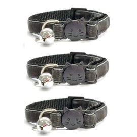 Velvet Cat Collars with Bell. Safe Breakaway Quick Release Buckle. Available in Cat & Kitten Size (Pack of 3) (Cat Collar (20cm - 30cm), Dark Grey Velvet (Pack of 3))