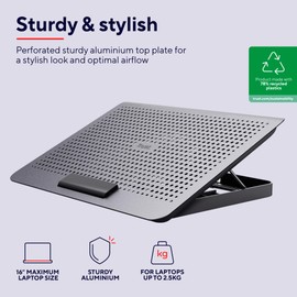 Trust Exto Laptop Stand 16", Sustainable Cooling Pad, Riser with USB Fan and Adjustable Height, 8 Levels, Made from Recycled Materials, Ventilated Holder for Notebook, Macbook, HP, Lenovo, Dell, Grey