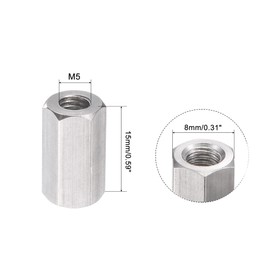 sourcing map M5 x 0.8-Pitch 15mm Length 304 Stainless Steel Metric Hex Coupling Nut, 10-Pack