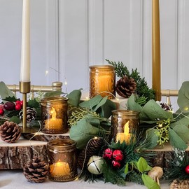 Kate Aspen Vintage Amber Glass Tea Light Candle Holders Set of 4 - Votive Holders for Home Decor, Fall Table Decorations, Bathroom Candles, Kitchen Shelf Decor, and Wedding Centerpieces