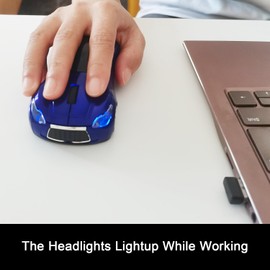 WUQIDA Car Mouse for Computer, Wireless Mouse Car Shaped Mouse for Laptop, PC, Mini Cute Mouse with 2.4Ghz USB Receiver, 3D, 1600DPI, Silent Clicks, LED Headlights (Blue)