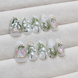24Pcs Flower Press on Nails Long Almond Nails Flowers Leaf Plant Fake Nails with Gems Pearl Floral Acrylic Nails Reusable False Nails Stick on Nails for Women Girls DIY Fake Nails Decoration