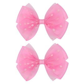 Zolyco Tiny 3 Inch Dot Organza Double Hair Bow Clips - Cute Lined Boutique Alligator Hairpin for Girls, Toddlers, and Little Teens - Kids Barrettes Set of 2 Small Stylish (Hot Pink)