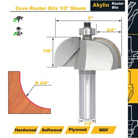 Akylin Cove Router Bits,1/2" Shank,Radius 3/4",Bearing Guided Cove Edging Cutter for Wood Profiling,Routing,Molding