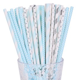 YAOSHENG Blue and Silver Paper Straws, Pack 100 for Party Supplies,Birthday,Wedding,Bridal/Baby Shower,Juice, Shakes,Smoothies