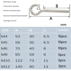 newlng M8 Hook Bolt 304 Stainless Steel Ring Screw High Hardness Steel Hook Bolt Hanging Item Heavy Duty Screw Hook 5PCS