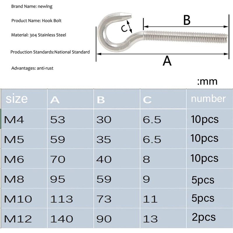 newlng M8 Hook Bolt 304 Stainless Steel Ring Screw High