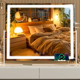 Batuso Vanity Mirror with Lights, 26'' x 22'' Lighted Makeup Mirror, Touch Screen with 3-Color Lighting, Dimmable for Vanity Desk Tabletop Square White