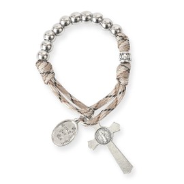 Nazareth Store Strong Military One Decade Paracord Rosary Silver Beads Pocket Car Rosary Pray For Us St. Joseph Medal & St. Benedict Cross (Brown Paracord Rosary)
