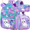 FTJCF 16.5" Cat Backpack for Girls, 3Pcs Kids Bookbag Set